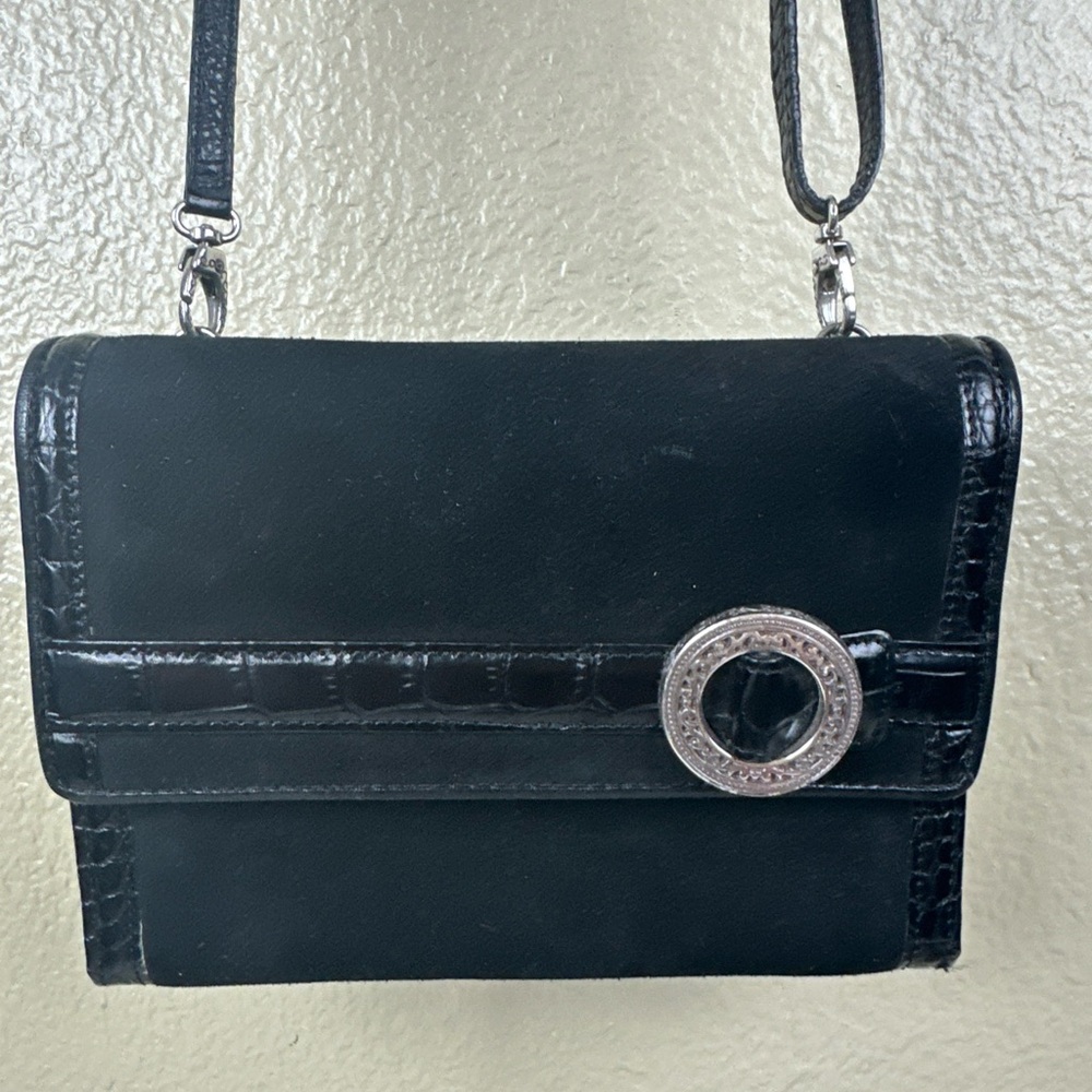 Brighton Central Park Black Crossbody Bag With‎ Organizer Suede Black Trim EUC